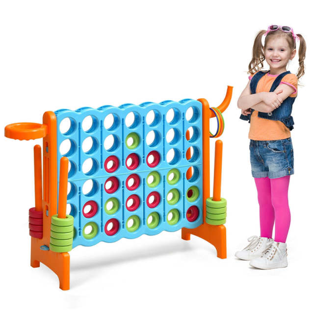 Giant 4-in-A-Row Game Set, Jumbo 4-to-Score Lawn Game with Basketball Hoop, 42 Rings, Quick-Release Slider for Kids & Adults, Indoors Outdoors