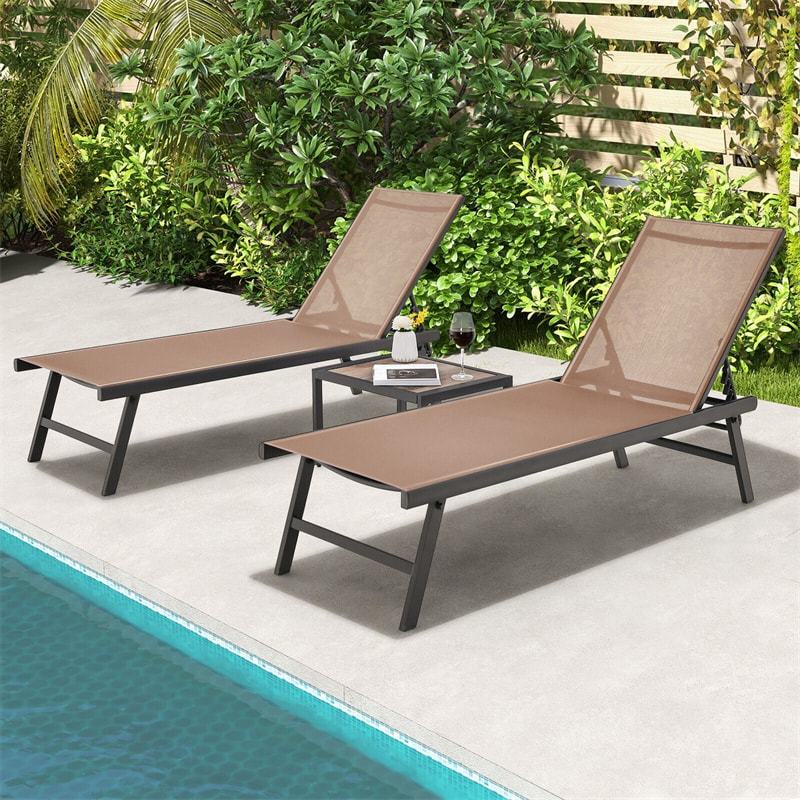 3-Piece Outdoor Aluminum Chaise Lounge Set with Side Table, 6-Position Adjustable Backrest Patio Lounge Chair for Poolside & Backyard