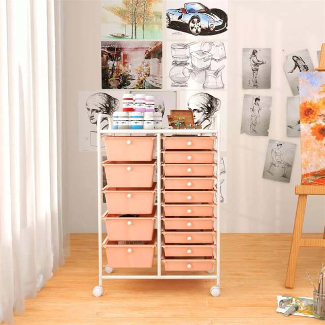 15-Drawer Rolling Storage Cart, Art &  Craft Organizer with Wheels & Removable Drawers for Tools, Scrapbook Paper, Home Office School