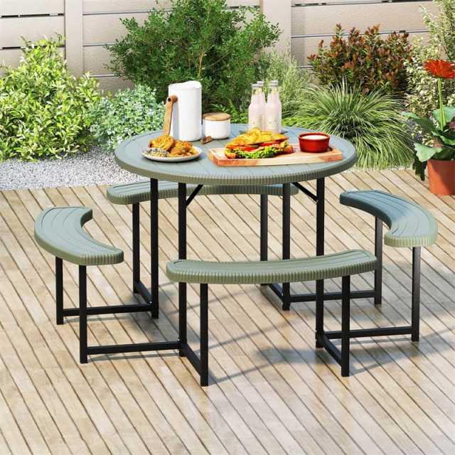 8 Person Round Outdoor Picnic Table Bench Set with Umbrella Hole, HDPE Tabletop, Metal Frame & 2000lbs Capacity for Patio, Garden, Lawn