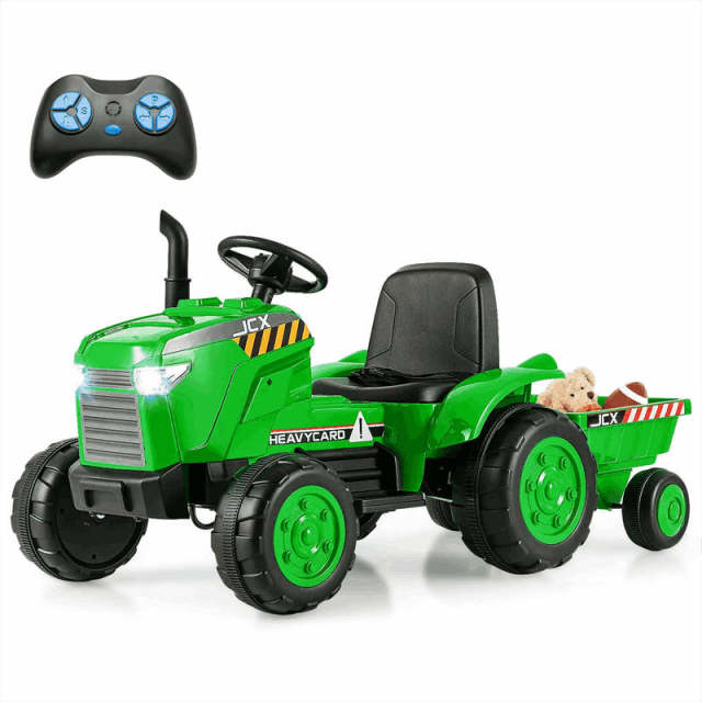 2-in-1 Kids Ride On Tractor with Detachable Trailer, 12V Electric Toy Car with Remote Control & LED Lights, Toddler Tractor for 3-8 Years