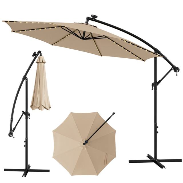 10FT Solar Offset Umbrella, Patio Cantilever Umbrella with 112 LED Lights, Adjustable Crank Handle & Tilt, Outdoor Market Umbrella for Poolside