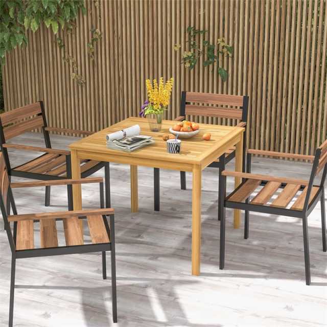 4-Person Square Acacia Wood Dining Table, Farmhouse Outdoor Bistro Table with 1.9" Umbrella Hole for Patio, Yard, Deck & Lawn