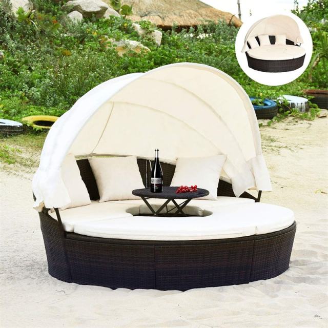 Round Patio Rattan Daybed with Retractable Canopy, Adjustable Coffee Table & Cushions, Outdoor Wicker Sectional Sofa for Poolside, Backyard