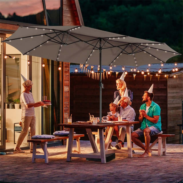 15FT Double-Sided Patio Umbrella with Base, 48 Solar LED Lights & Crank Handle, Extra Large Double Outdoor Umbrella for Poolside, Backyard
