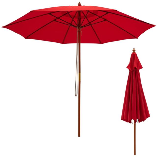 9.5FT Wood Patio Umbrella with Rope Pulley Lift, 8 Fiberglass Ribs & 3 Adjustable Heights, Vented Outdoor Umbrella for Garden Poolside Backyard