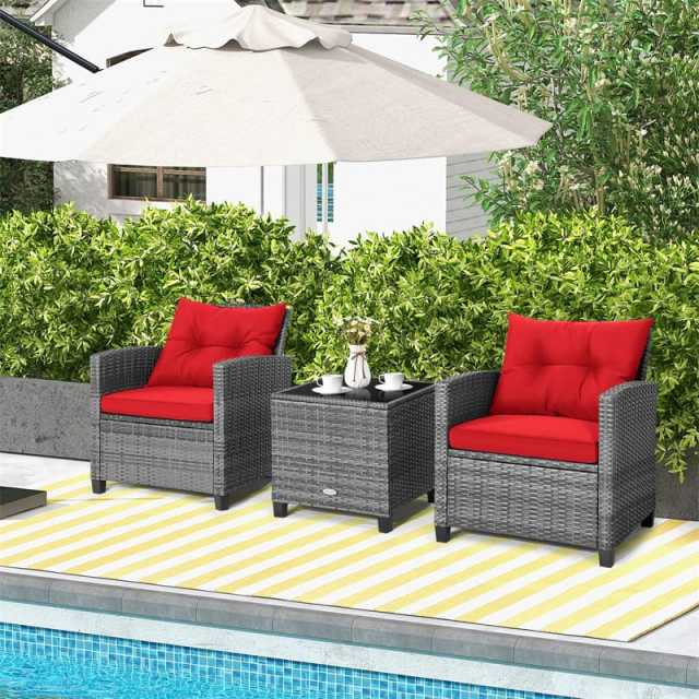 3PCS Patio Rattan Furniture Set Outdoor Conversation Set Wicker Bistro Set with Cushioned Chairs & Tempered Glass Side Table