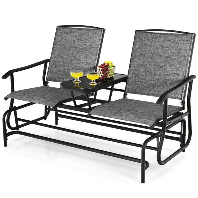 2-Person Outdoor Glider Chair with Center Tempered Glass Table, Steel Frame & Breathable Mesh, Patio Rocking Bench for Porch Garden Poolside