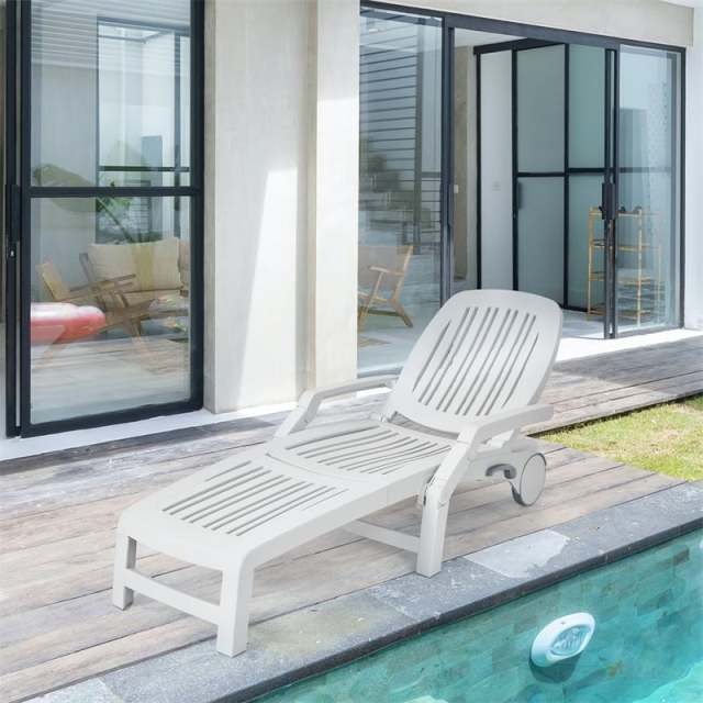 he Folding Outdoor Chaise Lounge, Weatherproof Plastic Lounge Chair with 6-Position Adjustable Backrest & Wheels for Poolside, Patio, Beach