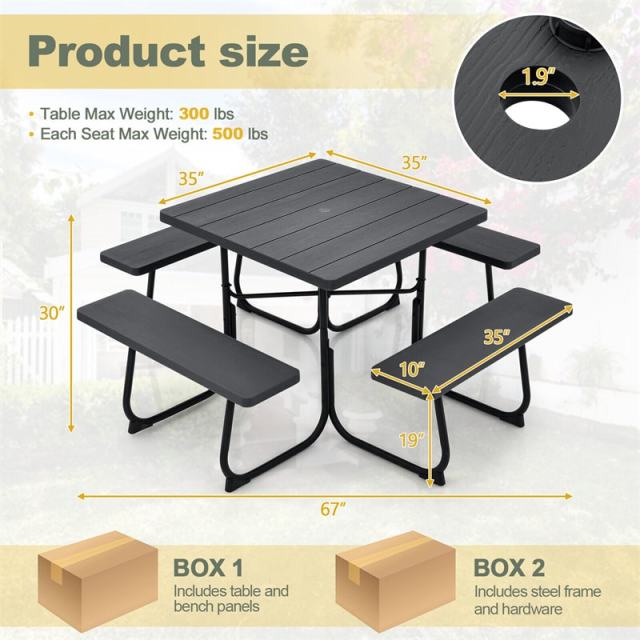 8-Person Picnic Table Set, Square Outdoor Table with 4 Built-in Benches, Umbrella Hole, HDPE Top, Metal Frame, 500LBS Capacity for Garden Patio