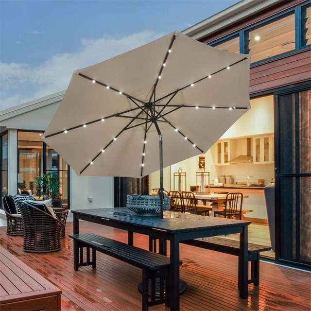 10FT Solar LED Patio Umbrella, Outdoor Steel Market Umbrella with 24 Lights, Crank & Tilt Adjustment for Backyard, Poolside, Garden