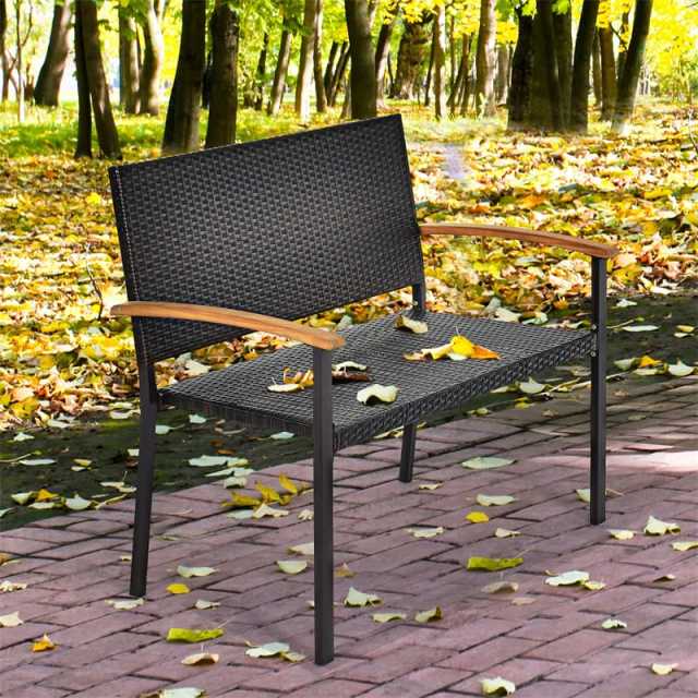 2-Pack Outdoor Stackable Bench Rattan Patio Bench All-Weather PE Wicker Garden Loveseat Chair Steel Frame with Acacia Wood Armrest