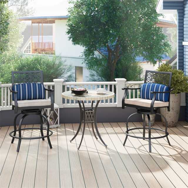 Outdoor Swivel Bar Stools Set of 4, Heavy Duty Metal Counter Height Patio Chairs with Soft Cushions, Lumbar Pillows & Cozy Armrests for Backyard, Deck