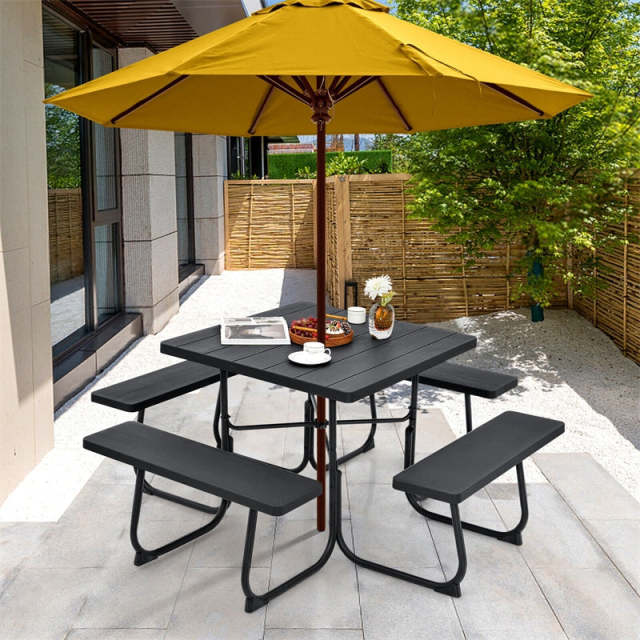 8-Person Picnic Table Set, Square Outdoor Table with 4 Built-in Benches, Umbrella Hole, HDPE Top, Metal Frame, 500LBS Capacity for Garden Patio