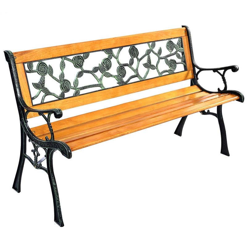 50" Heavy-Duty Outdoor Garden Bench, Cast Iron & Hardwood Patio Loveseat, 700LB Capacity, Rose Backrest for 2-3 Person Porch, Deck, Backyard