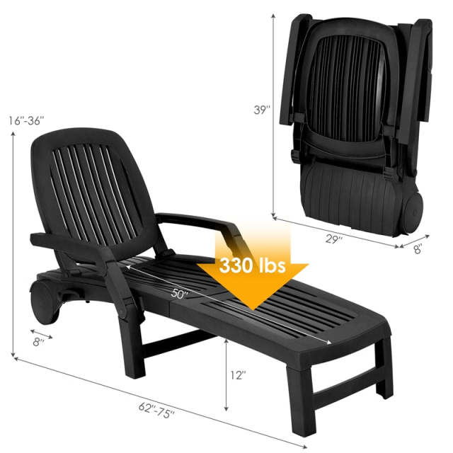 he Folding Outdoor Chaise Lounge, Weatherproof Plastic Lounge Chair with 6-Position Adjustable Backrest & Wheels for Poolside, Patio, Beach