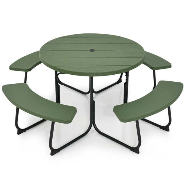 8-Person Outdoor Round HDPE Picnic Table & Bench Set with Umbrella Hole, Metal Frame, 2000LBS Capacity Patio Table Bench Set for Backyard Garden