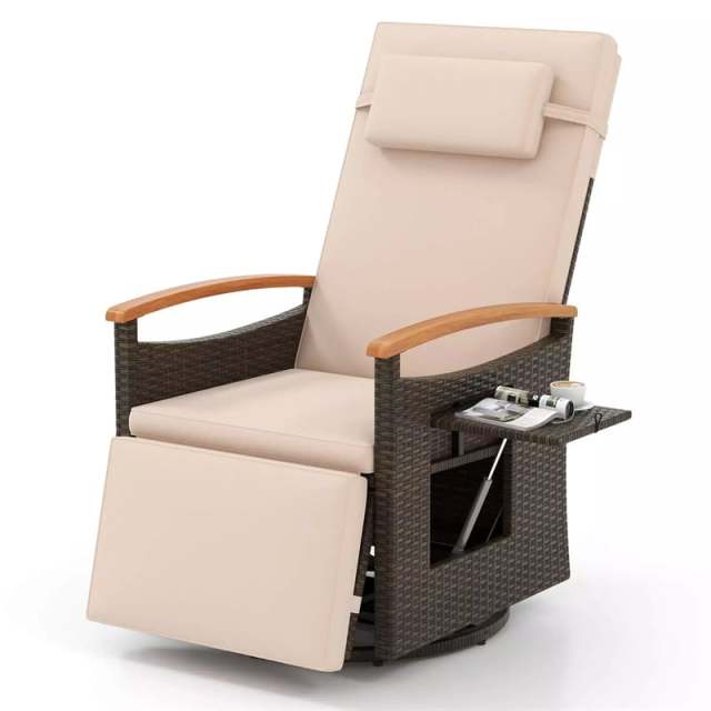 Outdoor 360° Swivel Rattan Recliner Chair with Adjustable Backrest & Footrest, Patio Wicker Chaise Lounge Chair with Flip Side Table & Cushion