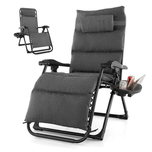 Adjustable Metal Zero Gravity Lounge Chair with Cup Holder Tray, Removable Cushion & Pillow, Folding Reclining Patio Chair for Garden Backyard