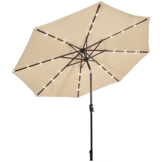 10FT Solar LED Patio Umbrella, Outdoor Steel Market Umbrella with 24 Lights, Crank & Tilt Adjustment for Backyard, Poolside, Garden