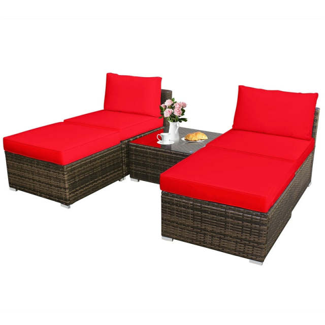 5-Piece Outdoor Rattan Chaise Lounge Set with Ottomans, Coffee Table & Washable Cushions, Patio Sectional Sofa Set for Backyard, Poolside