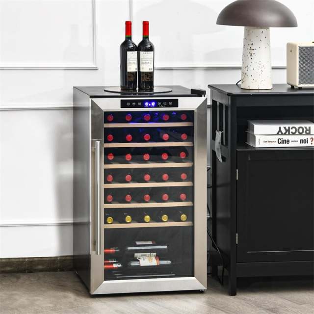 20" Wine Cooler, 33-Bottle Wine Refrigerator w/2-Layer Tempered Glass Door, Dual Alarm Function & Temp Control, Built-in/Freestanding Mini Wine Fridge