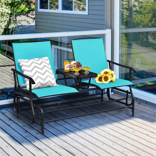 2-Person Outdoor Glider Chair with Center Tempered Glass Table, Steel Frame & Breathable Mesh, Patio Rocking Bench for Porch Garden Poolside