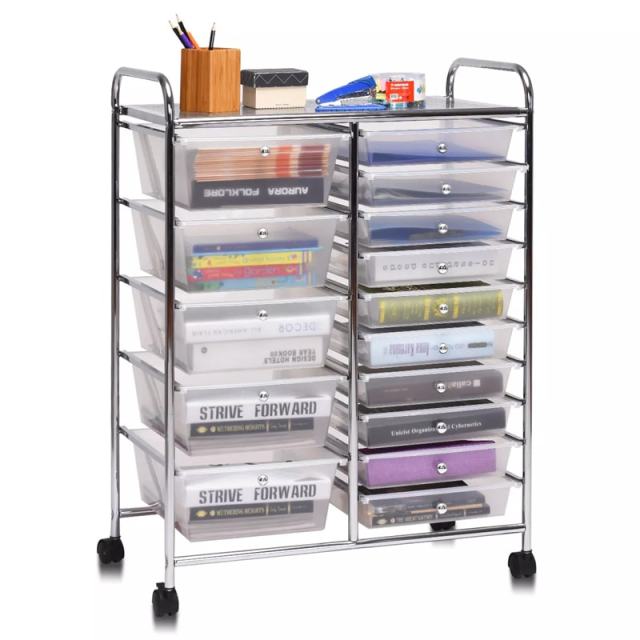 15-Drawer Rolling Storage Cart, Art &  Craft Organizer with Wheels & Removable Drawers for Tools, Scrapbook Paper, Home Office School