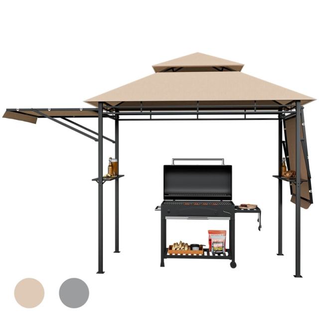 13.5x4FT Heavy-Duty Steel Grill Gazebo with Dual Side Awnings & Storage Shelves, Flame-Retardant 2-Tier Canopy Gazebo for Patio Backyard Garden