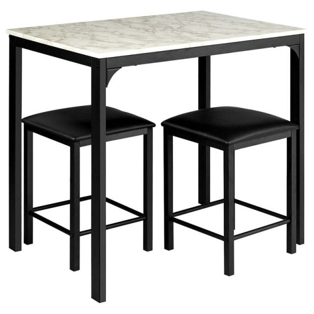 3 Pcs Counter Height Dining Set with Faux Marble Top Table & Cushioned Stools