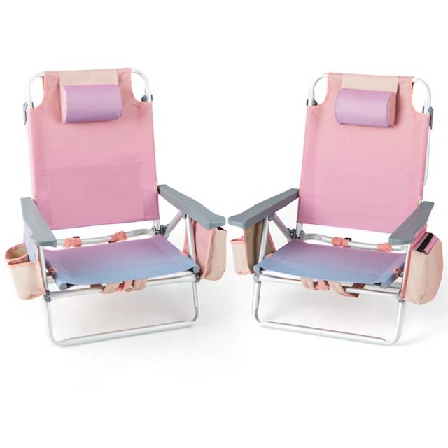 2 Pack Backpack Beach Chairs, Folding Camping Chairs 5-Position Reclining Beach Chairs with Armrests, Cooler Bag, Cup Holder, Side Pockets