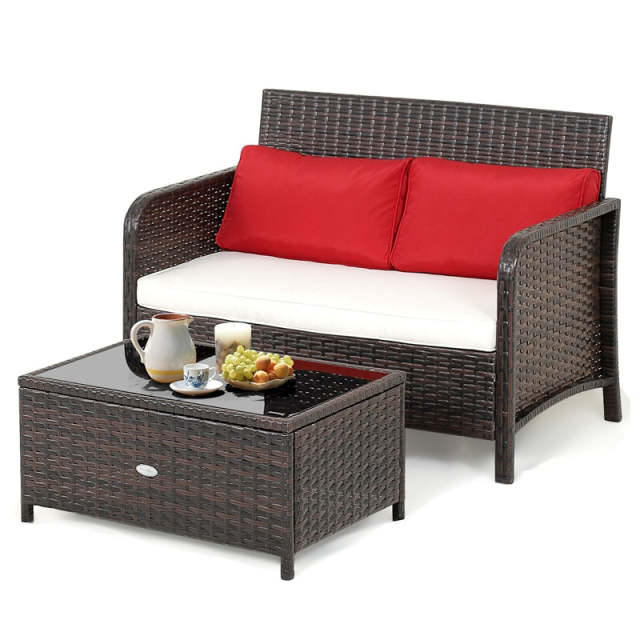 2-Piece Outdoor Wicker Loveseat Coffee Table Set Rattan Patio Conversation Set with Cushions