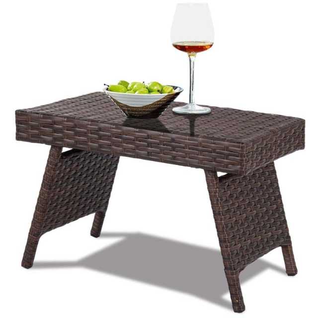 Patio Folding PE Rattan Side Table, Portable Wicker Coffee Table & Bistro Table with Steel Frame for Poolside, Lawn & Outdoor Living
