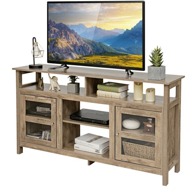 58" Fireplace TV Stand for TVs up to 65", Farmhouse Wood Media Console with 2 Cabinets & 4 Shelves, Entertainment Center for 18" Fireplace