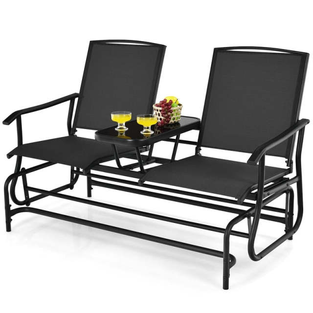 2-Person Outdoor Glider Chair with Center Tempered Glass Table, Steel Frame & Breathable Mesh, Patio Rocking Bench for Porch Garden Poolside