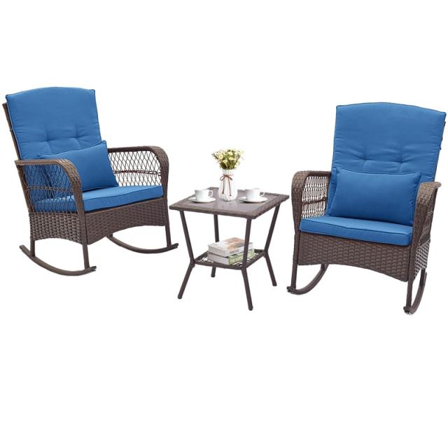 3-Piece Rattan Patio Rocker Set with 2 Rocking Chairs, Tempered Glass Coffee Table & Cushions, Outdoor Bistro Set for Porch, Poolside, Backyard