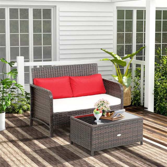 2-Piece Outdoor Wicker Loveseat Coffee Table Set Rattan Patio Conversation Set with Cushions