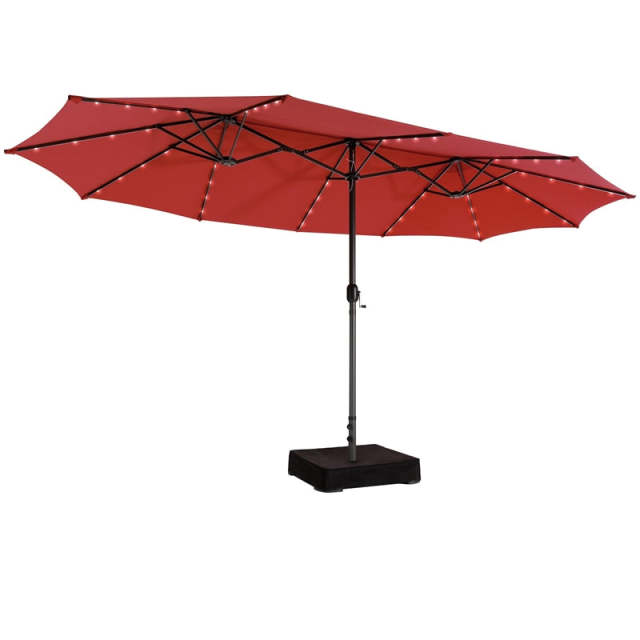 15FT Double-Sided Patio Umbrella with Base, 48 Solar LED Lights & Crank Handle, Extra Large Double Outdoor Umbrella for Poolside, Backyard
