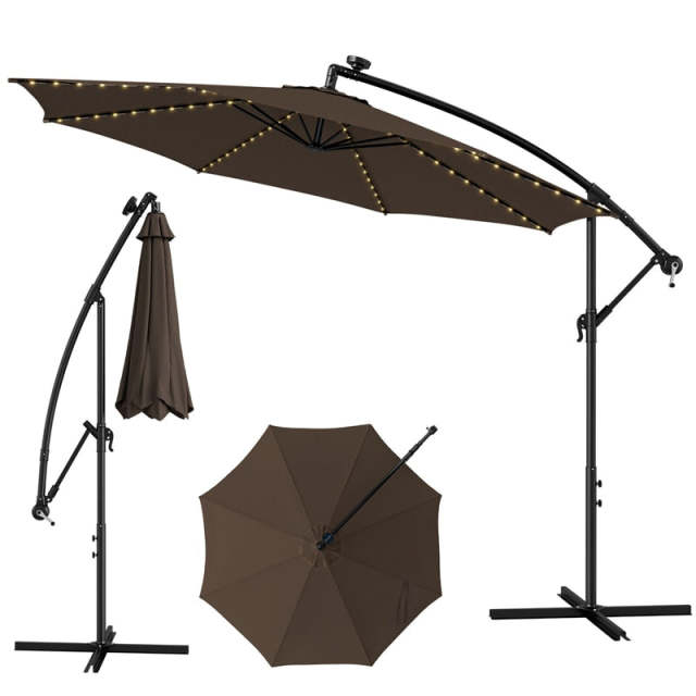 10FT Solar Offset Umbrella, Patio Cantilever Umbrella with 112 LED Lights, Adjustable Crank Handle & Tilt, Outdoor Market Umbrella for Poolside