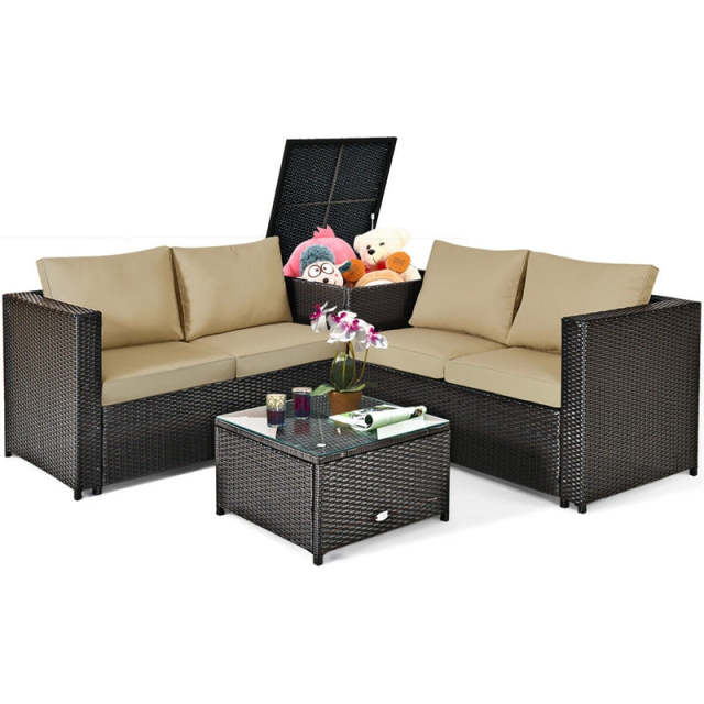 4 Piece Rattan Patio Conversation Furniture Set with Loveseat, Storage Box, Glass Top Coffee Table & Waterproof Cover for Garden, Poolside