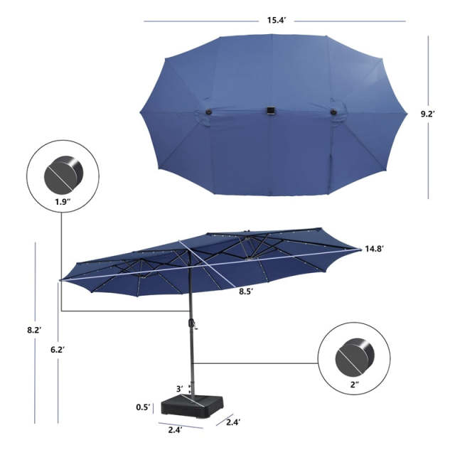 15FT Double-Sided Patio Umbrella with Base, 48 Solar LED Lights & Crank Handle, Extra Large Double Outdoor Umbrella for Poolside, Backyard