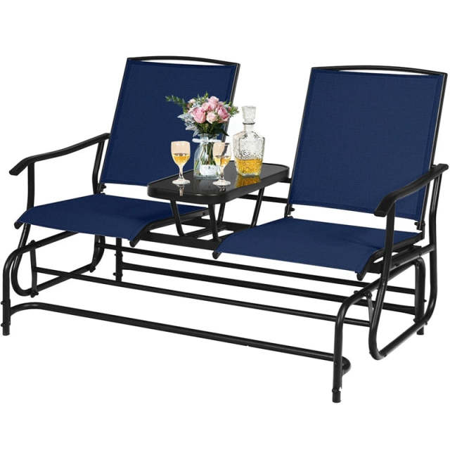 2-Person Outdoor Glider Chair with Center Tempered Glass Table, Steel Frame & Breathable Mesh, Patio Rocking Bench for Porch Garden Poolside
