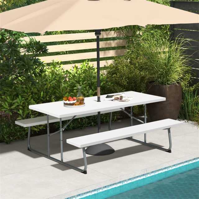 8-Person 6FT Folding Picnic Table & Bench Set, Heavy Duty All-Weather HDPE Outdoor Dining Table with Umbrella Hole & 2 Built-in Benches