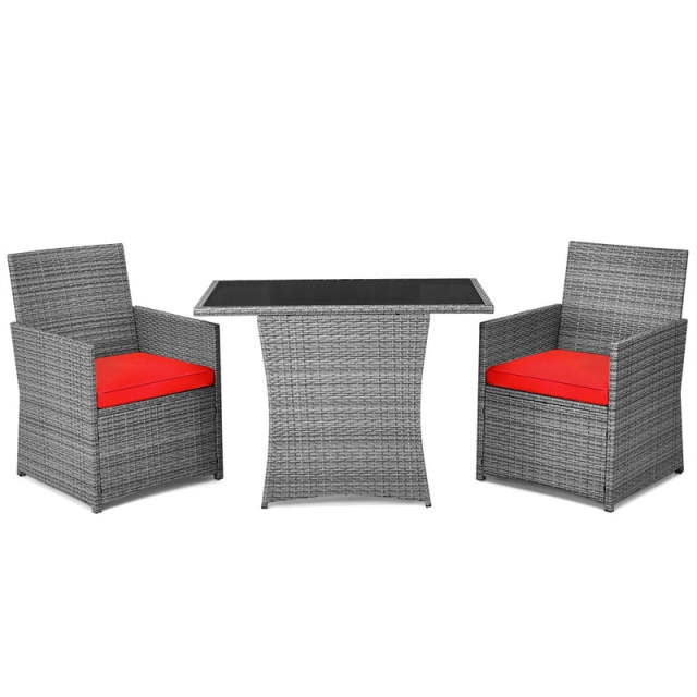 3 Piece Outdoor Wicker Bistro Set Space-Saving PE Rattan Patio Dining Set with Cushioned Chairs, Tempered Glass Top Table for Garden Balcony