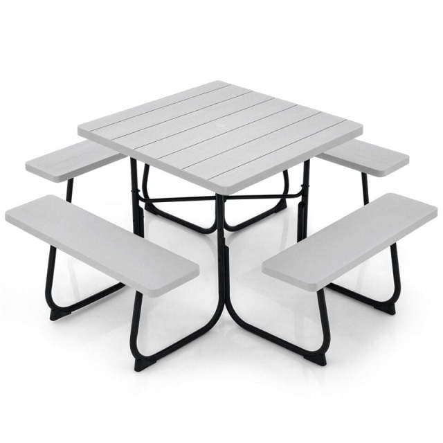 8-Person Picnic Table Set, Square Outdoor Table with 4 Built-in Benches, Umbrella Hole, HDPE Top, Metal Frame, 500LBS Capacity for Garden Patio