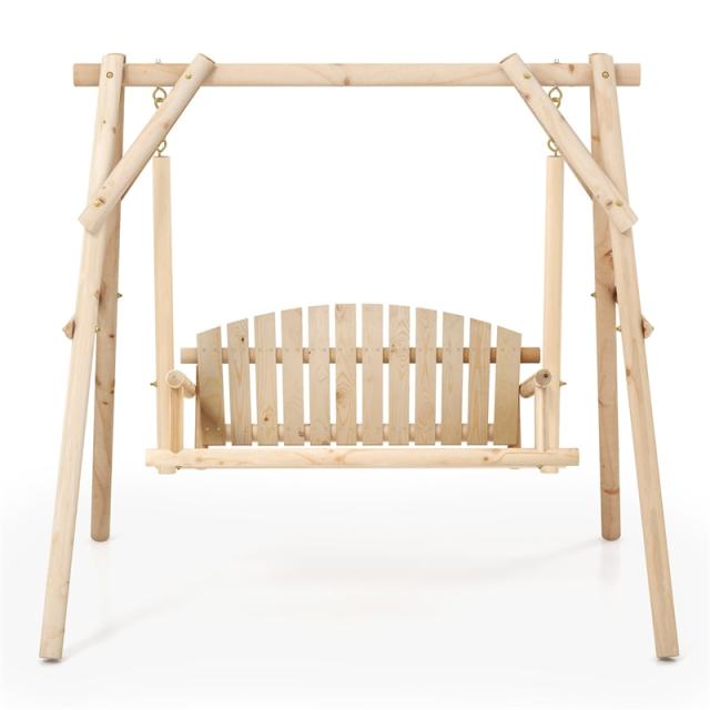 770lbs A-Frame Wooden Patio Swing with Stand, Reinforced Bars & Curved Back, Rustic Torched Log Porch Swing for Garden, Backyard