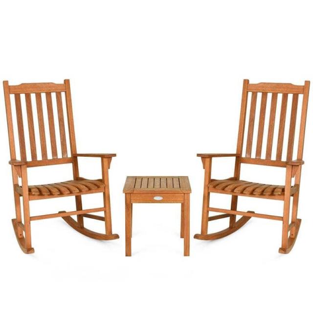3-Piece Eucalyptus Wood Rocking Bistro Set with 2 Rockers & Coffee Table, Outdoor Rocking Chair Set for Patio, Backyard, Porch, Poolside