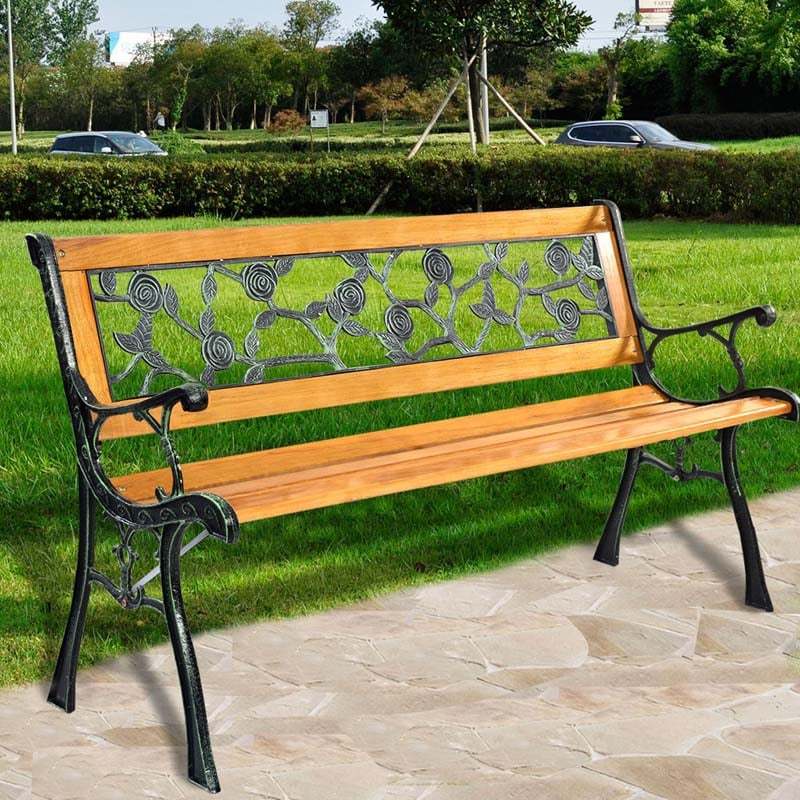 50" Heavy-Duty Outdoor Garden Bench, Cast Iron & Hardwood Patio Loveseat, 700LB Capacity, Rose Backrest for 2-3 Person Porch, Deck, Backyard