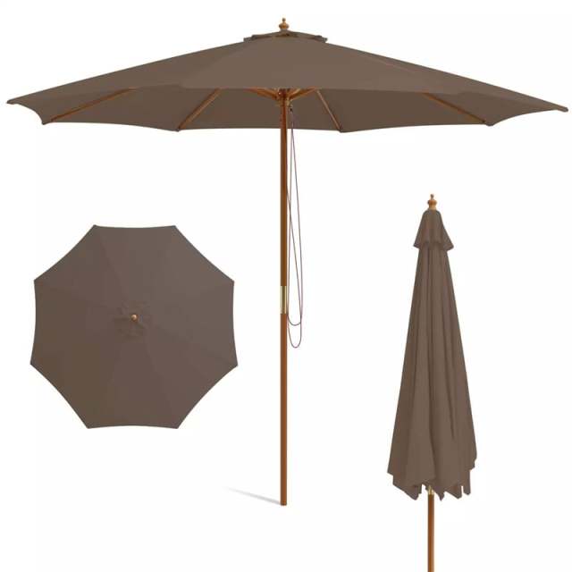10FT Wooden Patio Umbrella with Rope Pulley Lift, 3 Height Adjustments, 8 Bamboo Ribs, Vented Roof Outdoor Table Umbrella for Poolside, Backyard