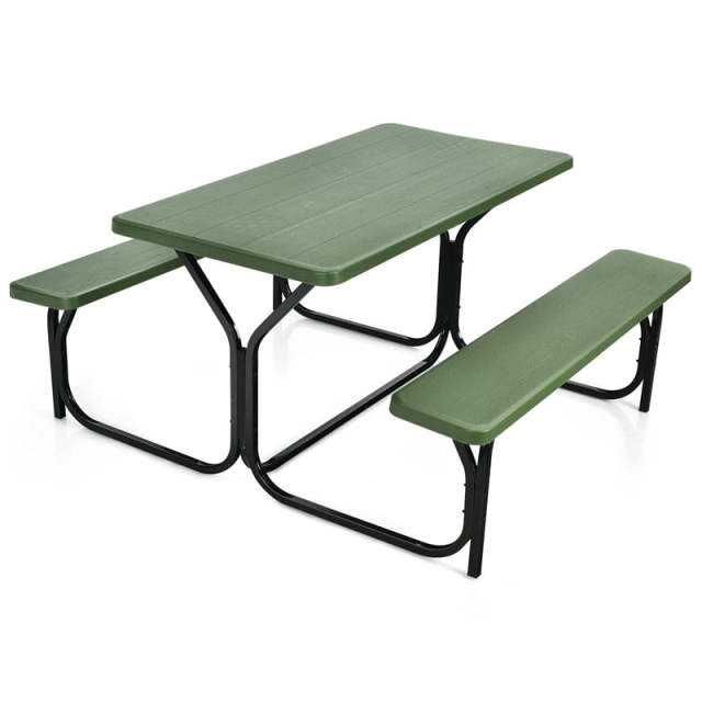 Outdoor Picnic Table Bench Set, All-Weather Metal Frame Camping Table with Built-in Benches & Wood-Like Tabletop for Backyard, Patio, Poolside